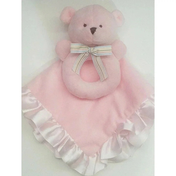Carter's Plush Teddy Bear Rattle Lovey Security Blanket Pink Satin Trim 13" - Picture 1 of 5